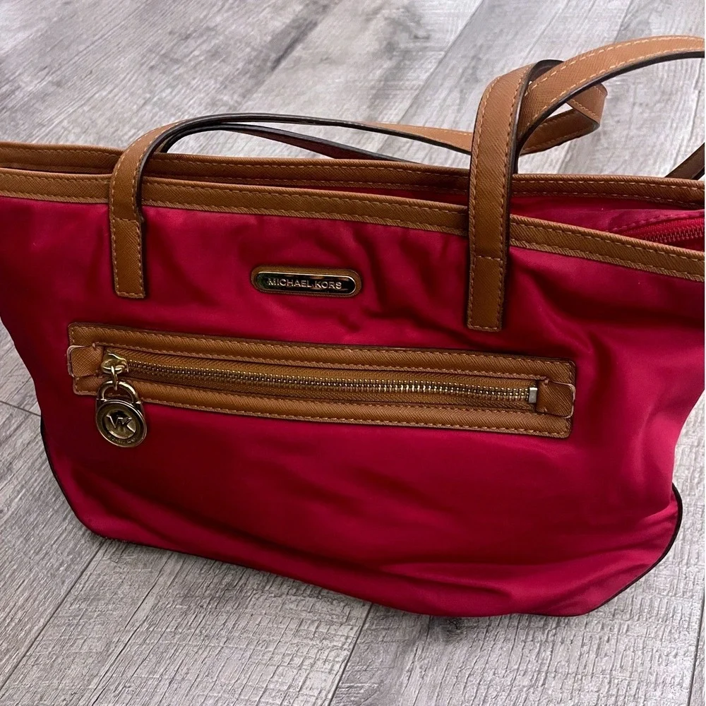 Michael Kors Pink Nylon Saffiano Leather Trim‎ Tote Bag Gold Hardware MK Logo